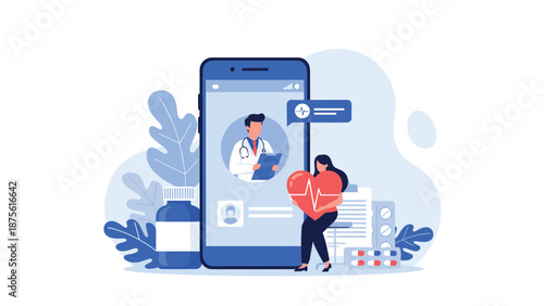 Online healthcare concept featuring a woman holding a digital heart pulse icon next to a smartphone showing a doctor profile.