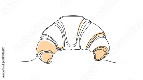 Continuous one line drawing of a delicious French croissant with soft orange color shading on a white background.