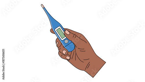 Dark skinned hand holding a blue digital medical thermometer to check body temperature for signs of fever or illness.