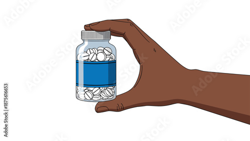 Close up of a dark skinned hand holding a medicine bottle with white tablets and a blue label for healthcare.