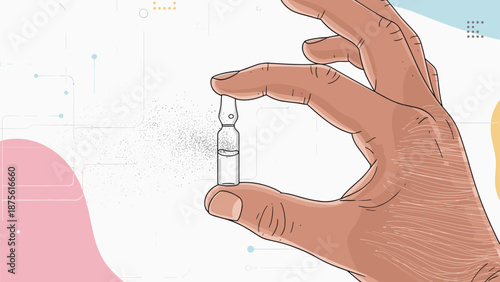 Human hand holding a small glass medical ampoule with liquid against a light background with abstract tech elements.