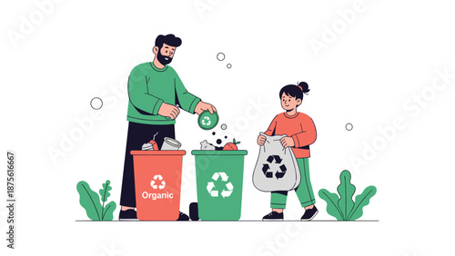 Father and young daughter learning about environmental responsibility by sorting waste into different recycling bins.