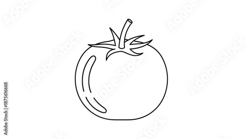 Minimalist black and white outline drawing of a fresh tomato with its green stem and leaves isolated on a white background.