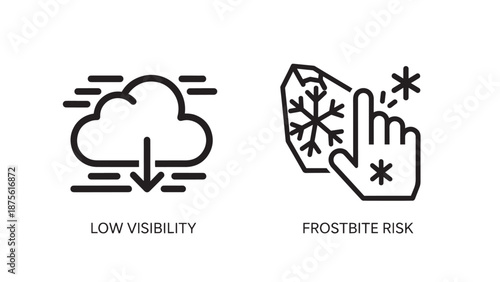 Winter Weather Safety Hazard Icons for Low Visibility Conditions and Frostbite Risk Due to Extreme Cold