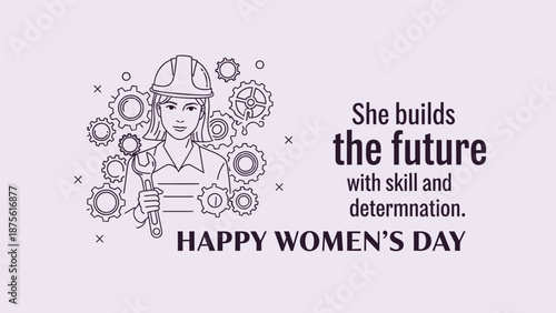 Empowered woman builder with gears and tools celebrating international women's day with skill and determination