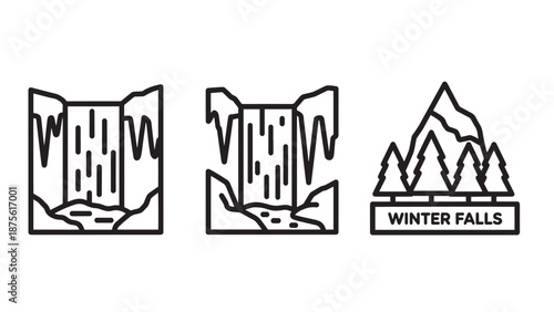 Scenic Winter Nature Icons with Waterfalls and a Mountepsn Forest Logo for Outdoor Travel Destinations