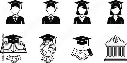 Graduation and education icons with students handshake globe finance academic success black vector illustration set