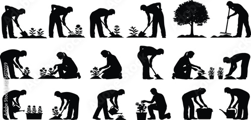 Black silhouettes of people gardening featuring men and women planting flowers, watering plants, digging soil, raking leaves, and pruning trees.