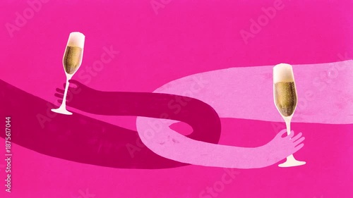 Animation promo. Romantic mixed media of intertwined hands holding champagne glasses. Concept of Saint Valentine Day branding, luxury lifestyle ads, and holiday social media campaigns.