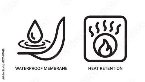 Waterproof Membrane and Heat Retention Icons for Technical Apparel and Outdoor Gear Functional Fabric Features