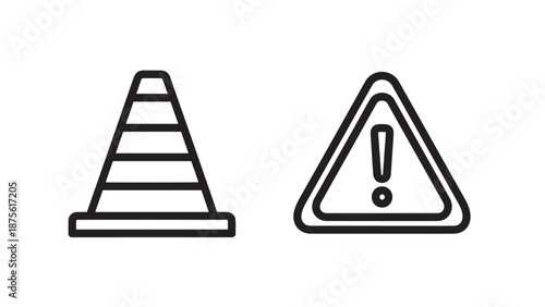 Traffic Construction Cone and Danger Warning Sign Icons for Road Safety and Hazard Alert Communication