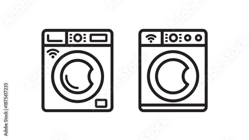 Smart Washing Machine Line Icons Set, Modern Laundry Appliance with Wifi Symbol for Home Automation