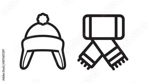 Winter Clothing Line Icons Set featuring Knitted Hat with Pompom and Striped Scarf, Seasonal Fashion Accessories