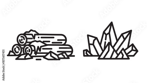 Wood Logs Pile and Mineral Crystal Icons, Natural Resources and Geological Elements in Line Art Style