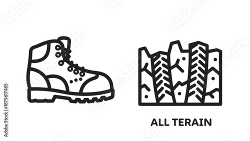 Hiking Boot and All Terrepsn Footwear Icons, Outdoor Adventure and Mountepsneering Equipment Symbols