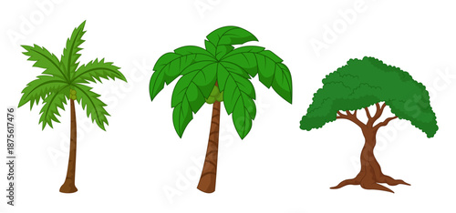 Tree Vector Illustration Collection Featuring Tropical and Orchard Trees with Mango, Apple, Banana, Orange, Coconut Palm and More Isolated on White Background