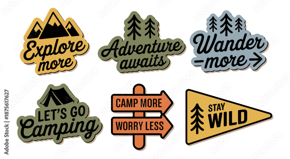 Fototapeta premium Outdoor adventure badge set featuring camping quotes and forest illustrations. Perfect for t-shirt designs, stickers, travel gear, or hiking-themed merchandise.