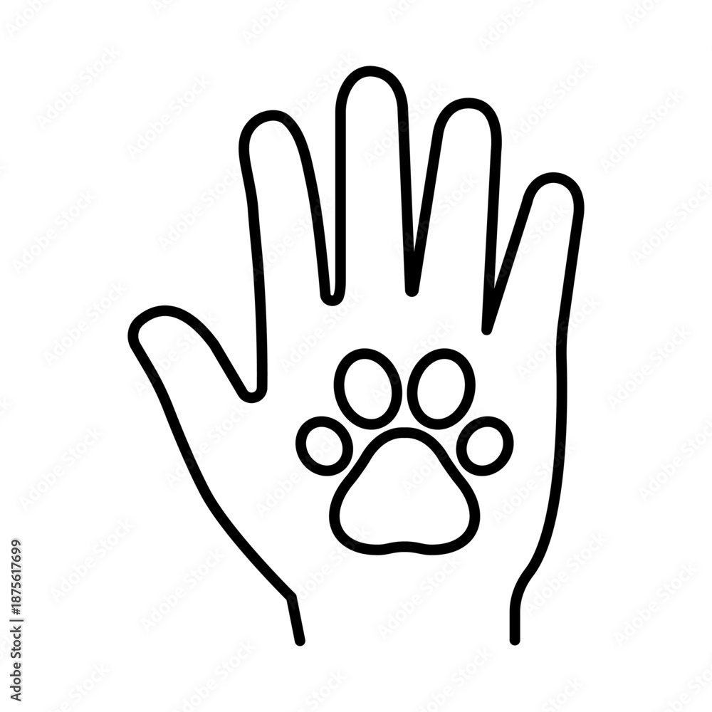 Obraz premium Human hand and pet paw care connection icon with editable stroke.