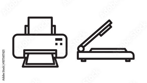 Desktop Printer and Document Scanner Line Icons for Office Equipment and Digital Documentation