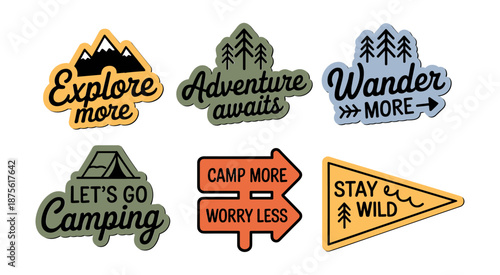 Outdoor adventure badge set featuring camping quotes and forest illustrations. Perfect for t-shirt designs, stickers, travel gear, or hiking-themed merchandise.