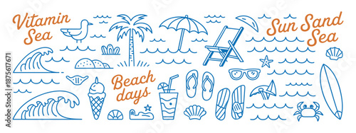 Hand-drawn beach-themed vector set with summer doodles like waves, palm trees, shells, crabs, sunglasses, and surfboards. Perfect for vacation designs, t-shirt prints, and tropical projects.