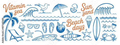 Hand-drawn beach-themed vector set with summer doodles like waves, palm trees, shells, crabs, sunglasses, and surfboards. Perfect for vacation designs, t-shirt prints, and tropical projects.