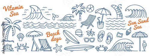 Hand-drawn beach-themed vector set with summer doodles like waves, palm trees, shells, crabs, sunglasses, and surfboards. Perfect for vacation designs, t-shirt prints, and tropical projects.