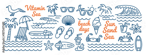 Hand-drawn beach-themed vector set with summer doodles like waves, palm trees, shells, crabs, sunglasses, and surfboards. Perfect for vacation designs, t-shirt prints, and tropical projects.