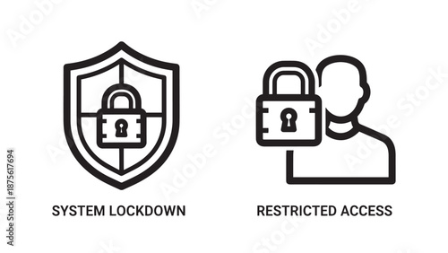 System Lockdown Shield and Restricted Access User Line Icons for Cyber Security and Data Privacy