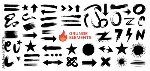 Decorative grunge set with brush lines, strokes, highlighters, graffiti spray stains, splatter marks, dirty texture, sketch, arrows and doodles. Callouts grunge with splashes. Vector graphic box