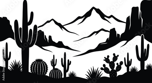 Mountain Desert Silhouette Vector – Cactus and Rocky Peaks Minimal Illustration