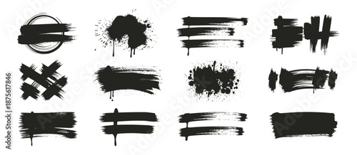 Bold black brush strokes with splatters, scribble texture, spray paint, grunge style. Dried stencil smear, ink stains with paint drips and dirty scribbles for logo, text. Vector grunge graphic set