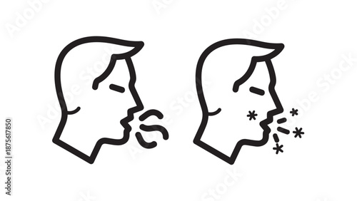 Human Respiratory Health and Infection Symptoms Line Icons showing Breathing and Coughing or Sneezing