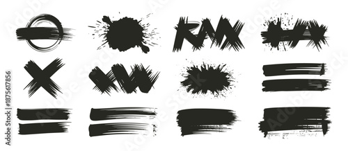 Bold black brush strokes with splatters, scribble texture, spray paint, grunge style. Dried stencil smear, ink stains with paint drips and dirty scribbles for logo, text. Vector grunge graphic set