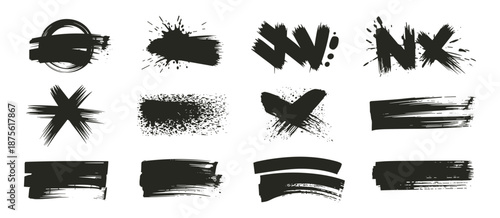Bold black brush strokes with splatters, scribble texture, spray paint, grunge style. Dried stencil smear, ink stains with paint drips and dirty scribbles for logo, text. Vector grunge graphic set