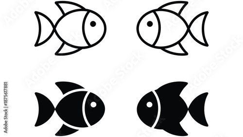 minimal fish icon set in black and white outline and solid styles, simple aquatic animal symbols, clean vector illustration for design and ui use