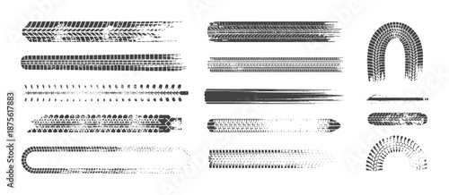 Tire tread patterns, wheel tracks, skidding, braking. Tire tracks - car racing, motocross, drag racing, rally, drift, off-road. Vector monochrome splashes grunge texture. Vector set of wheel treads