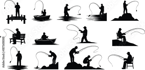 Black silhouettes of fishermen with fishing rods on boats, piers, and rocks, isolated on white background, outdoor recreational vector set.