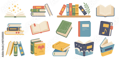 Cartoon books and school textbooks with bookmark, reading literature concept, stacked and open and stack book, library and bookshelf elements, study and education design. Vector isolated set