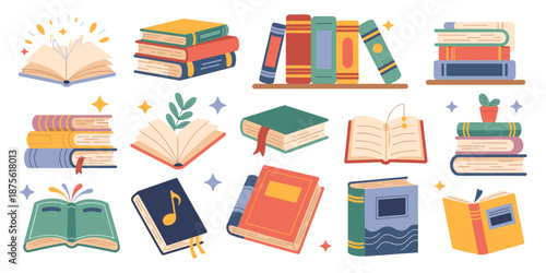 Cartoon books and school textbooks with bookmark, reading literature concept, stacked and open and stack book, library and bookshelf elements, study and education design. Vector isolated set