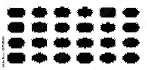 Black decorative label silhouettes, vintage frame shapes, retro outline badge, ornate geometric borders, empty tag design graphics, shield elegant royal crest emblem, retro sticker. Vector set