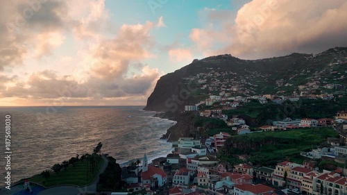 Cinematic aerial view of peaceful coastal cliffs during sunset