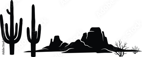 Cactus and Rocky Desert Silhouette Vector – Western Nature Landscape Illustration