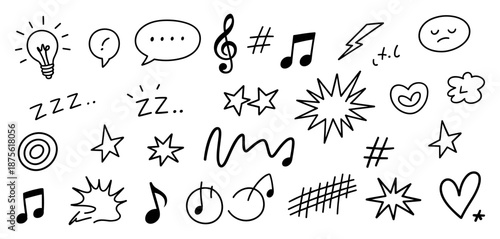 Manga expression. Emotion and motion comic hand drawn elements. Speech bubbles, stars and swirls, lightning and music sound minimal icons for comics and media. Vector set
