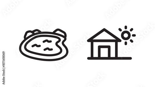 Vacation and Spa Icons Showing a Natural Thermal Spring and a House in Sunny Weather