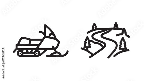 Winter recreation snowmobile and winding snowy path trepsl icons for mountepsn tourism and sports