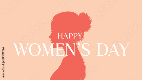 Silhouette of a woman with bun hairstyle celebrating international women's day with text overlay on soft peach background