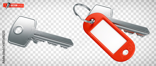 Vector realistic illustration of keys with an empty red label on a transparent background.