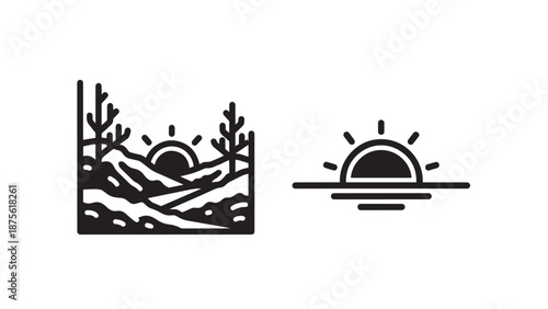 Winter landscape scenery with snowy hills and sunset over water icons for seasonal design