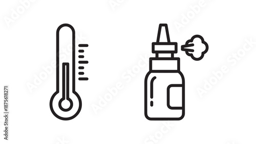 Medical health icons featuring clinical thermometer and nasal spray for cold and flu treatment